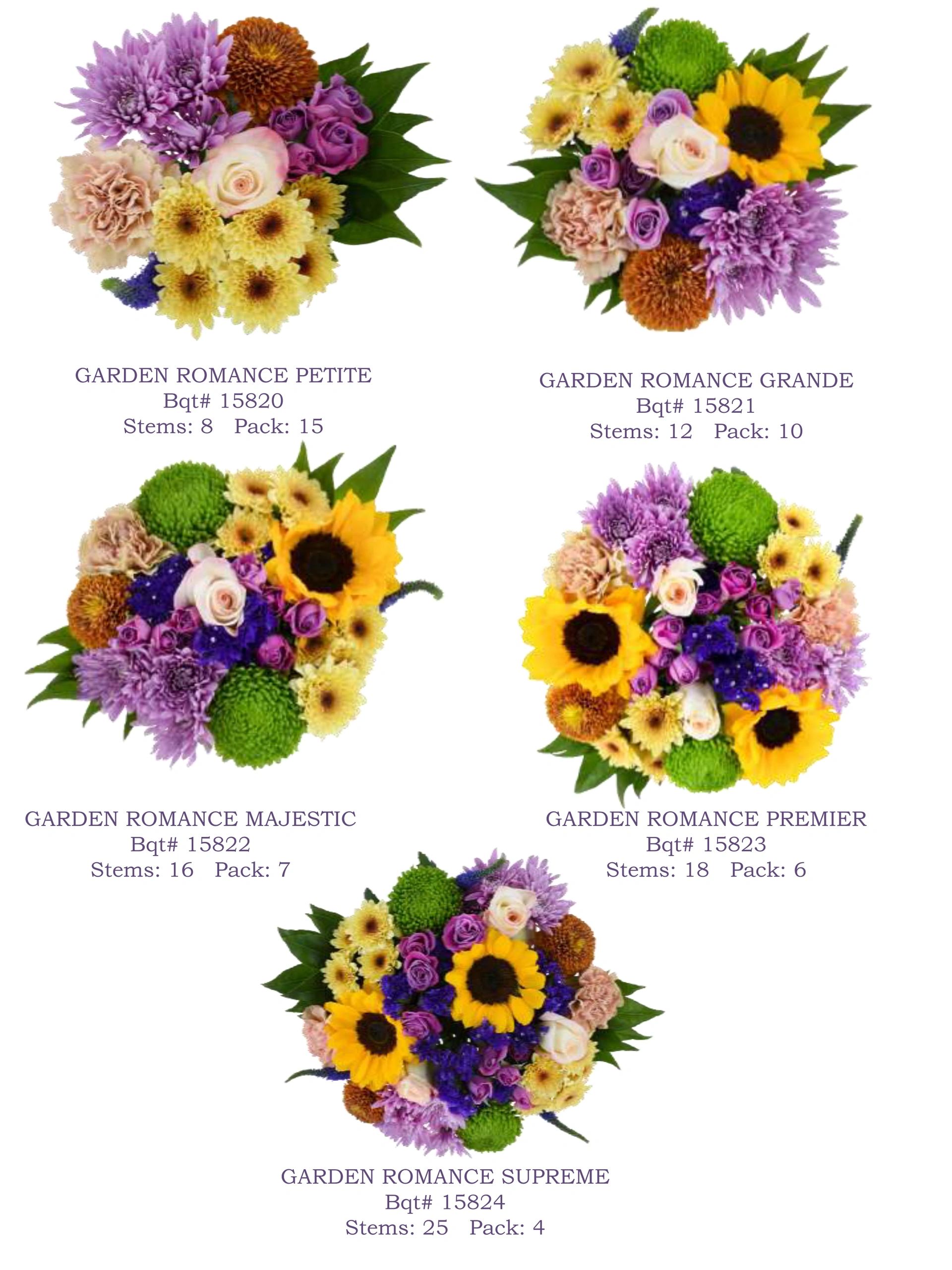 Five colorful Garden Romance flower bouquets with varying stems and pack sizes.
