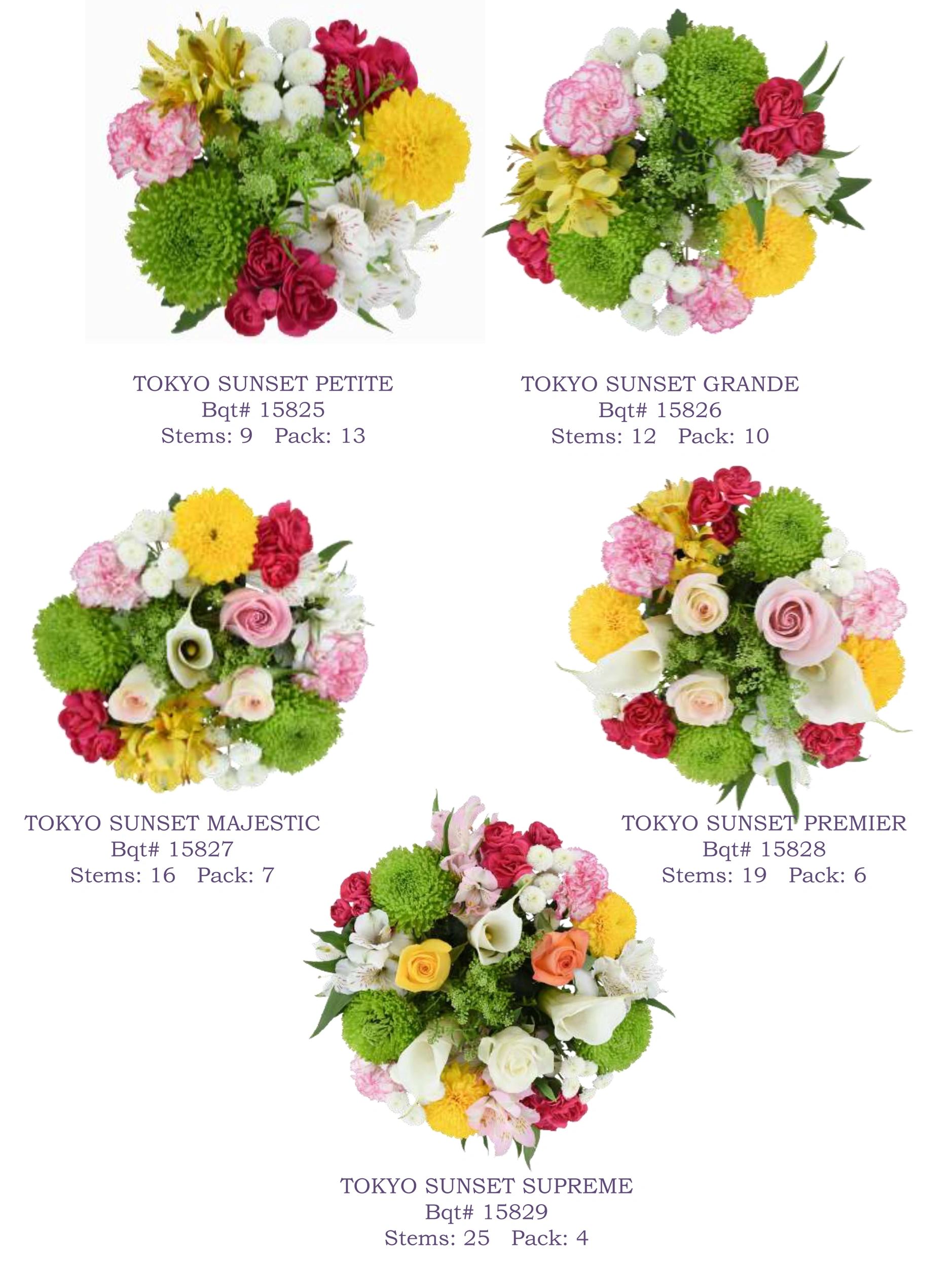 Various Tokyo Sunset flower bouquets with different stem counts and pack sizes.