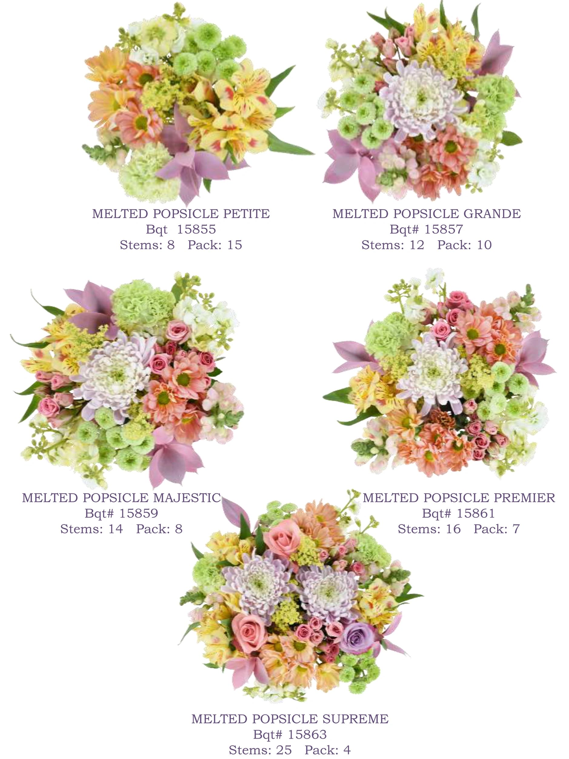 Five colorful flower bouquets named Melted Popsicle with varying stems and pack sizes.