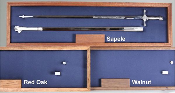 U.S. Air Force Academy (USAFA) saber case wood choices (red oak, sapele, walnut).