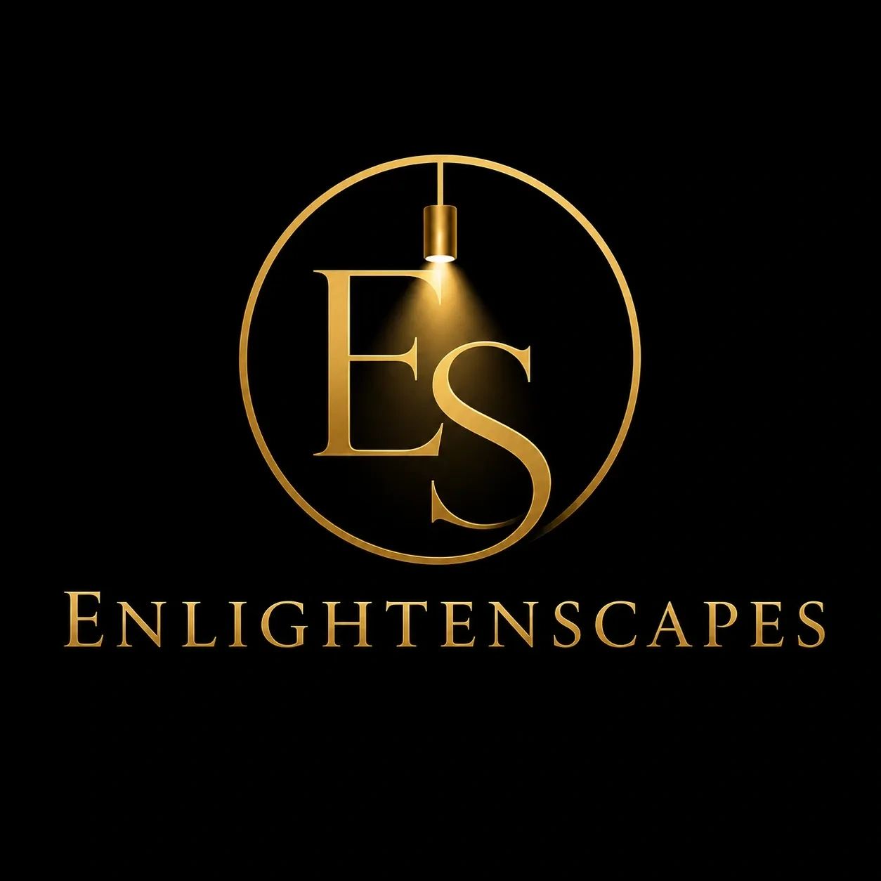 Gold logo of Enlightenscapes with a spotlight effect on black background.
