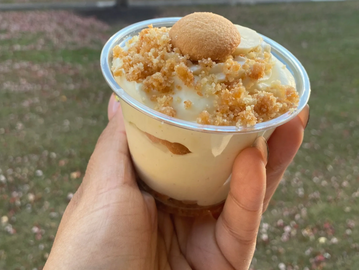 Hand holding a cup of creamy dessert topped with crumbled cookies and a vanilla wafer.