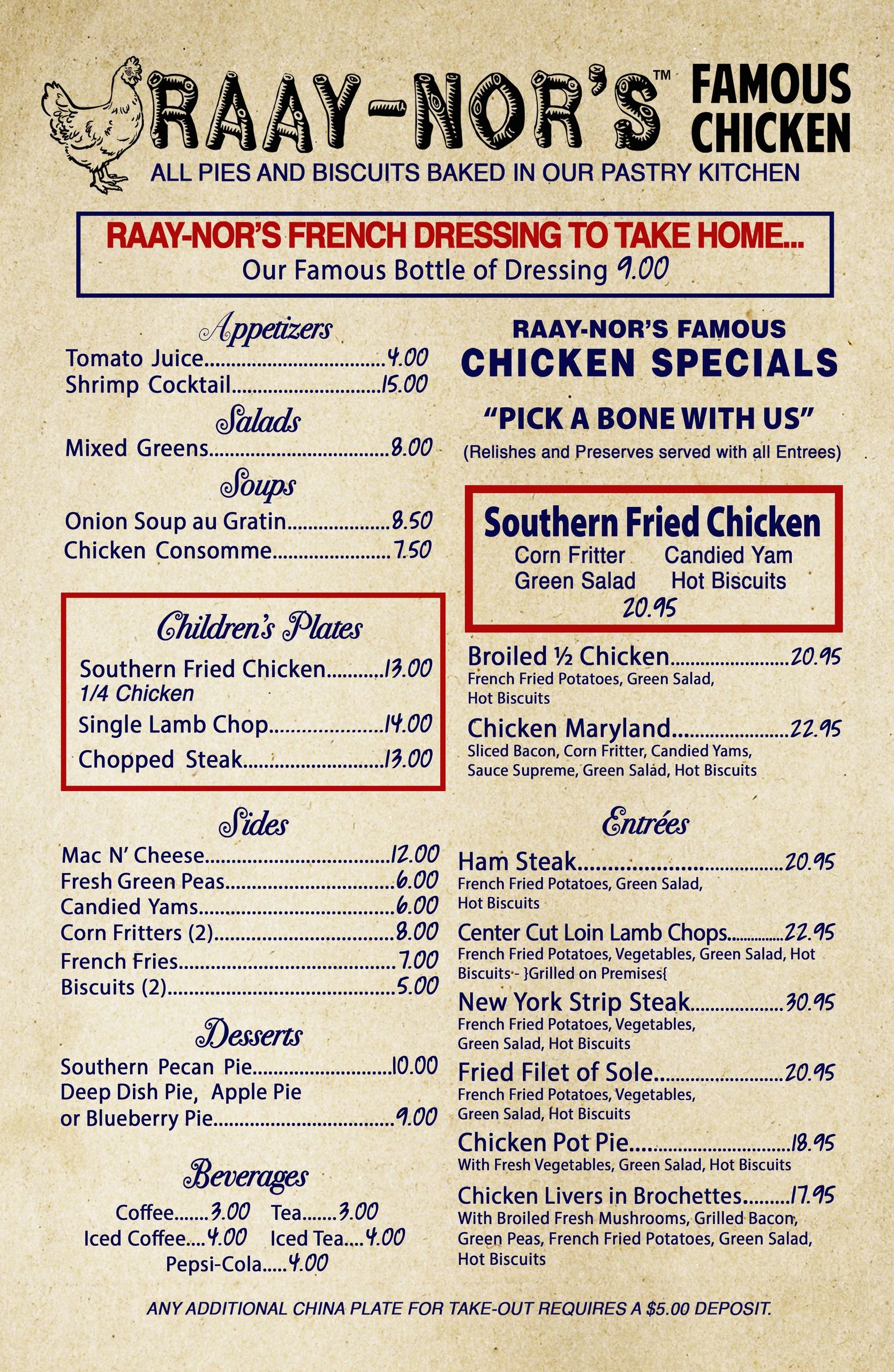 Raay-Nor's Famous Chicken's Menu