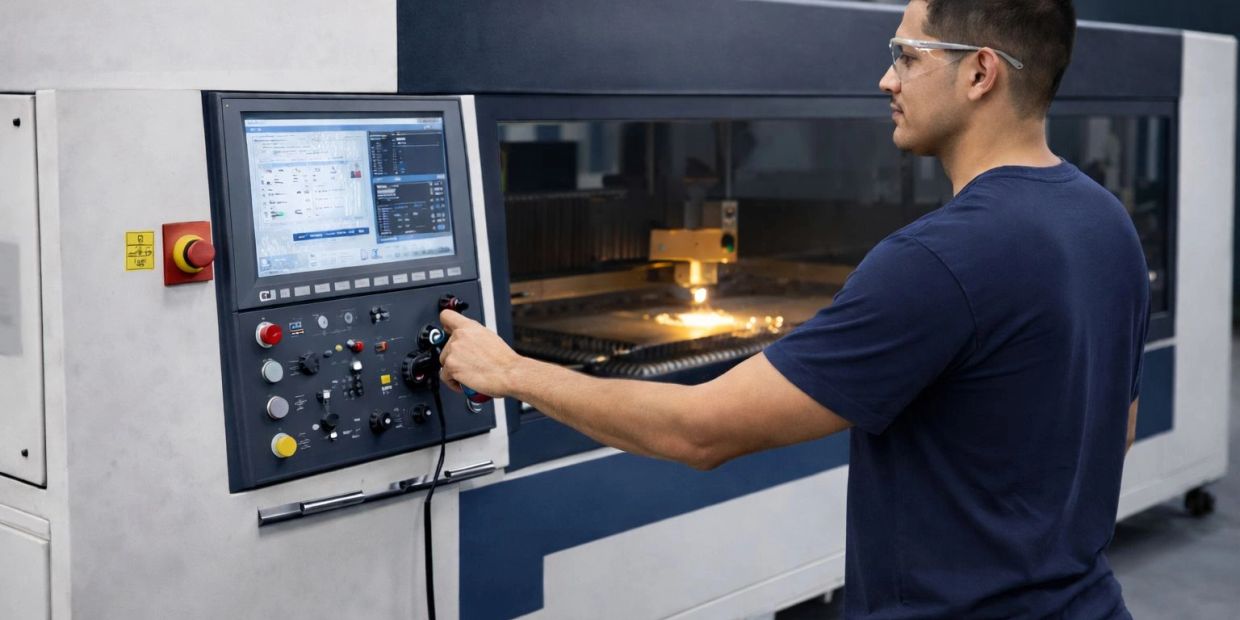 Man operating a CNC machine with safety glasses in a factory.