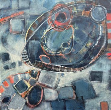 Abstract painting with organic shapes and muted colors.