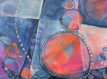 Abstract painting with vibrant blue, purple, and orange shapes interconnected by lines.