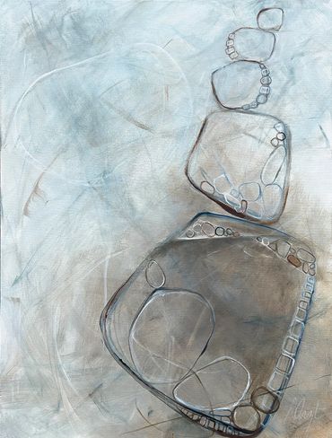 Abstract art of stacked, rounded shapes on a textured pale blue background.