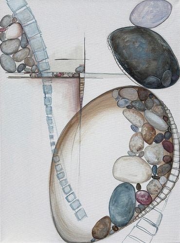 Abstract artwork featuring stones and geometric shapes with intersecting lines.
