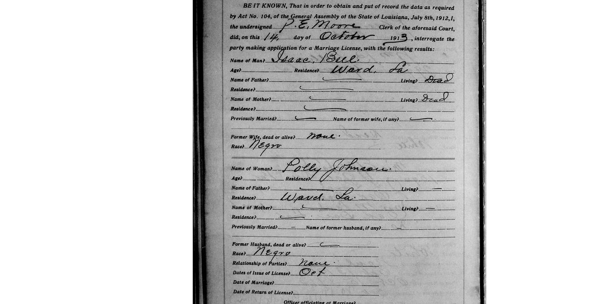 Marriage license application from 1913 for Isaac Bell and Polly Johnson in Louisiana.