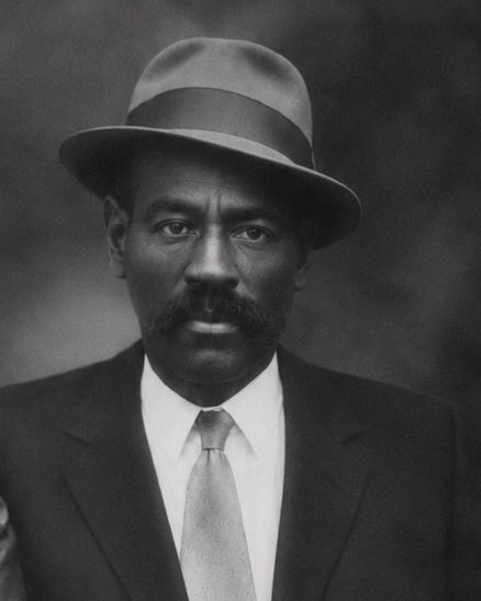 Black and white portrait of a serious man wearing a suit and fedora.