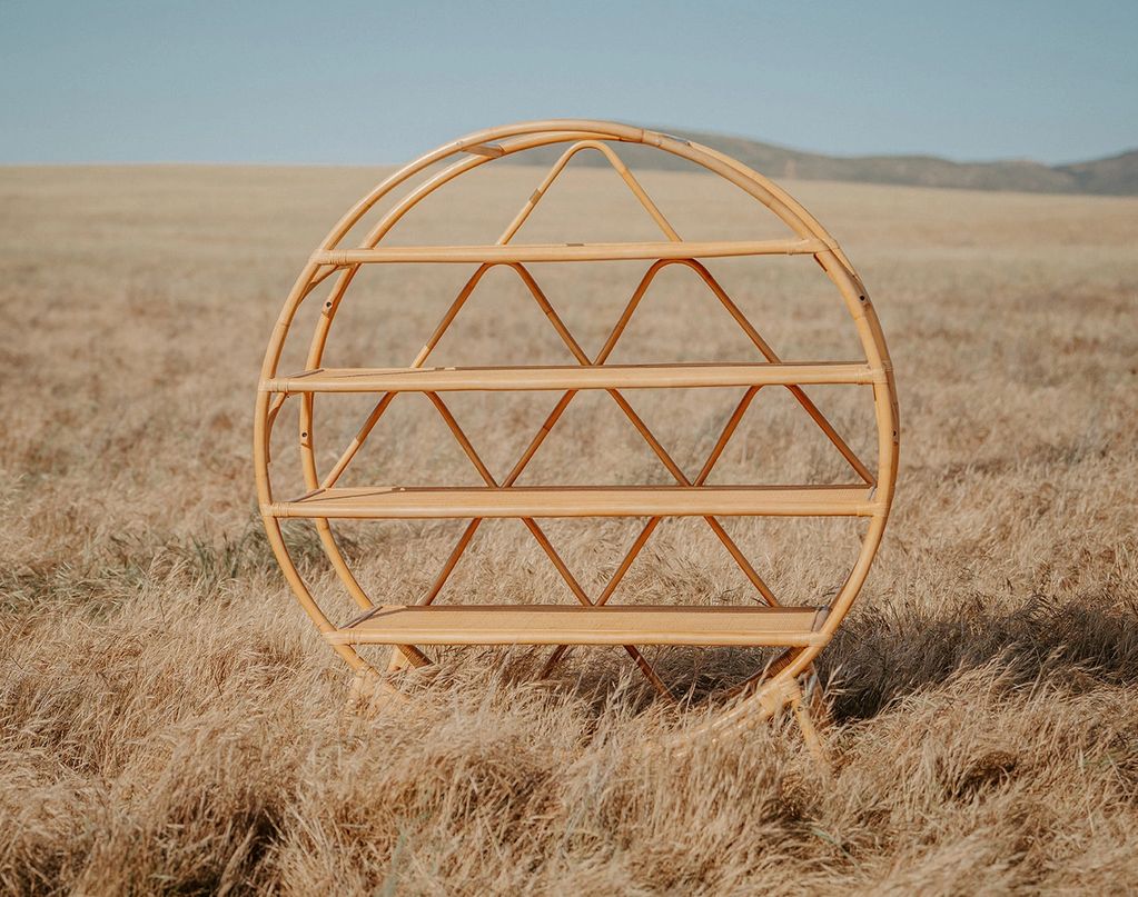 Round Rattan Shelf
$150 half day or $200 full day
Overall: 58" W x 18" D x 63.5" H 
Weight: 55 lbs
