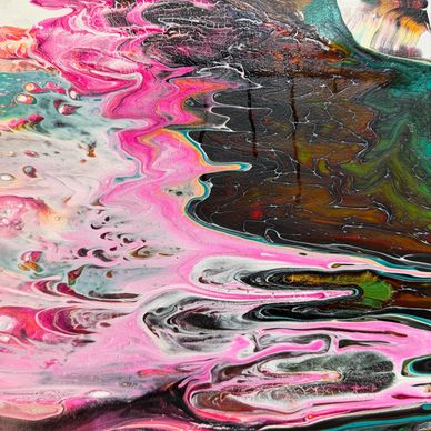 Abstract painting with swirling pink, black, and green colors creating fluid patterns.