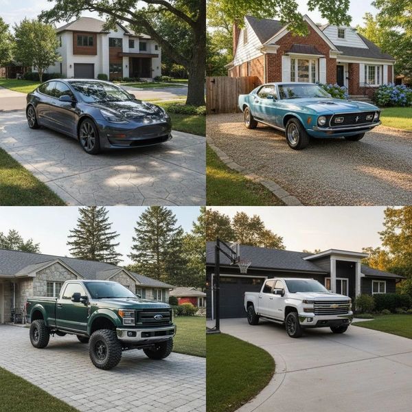 Four distinct vehicles parked in residential driveways, showcasing modern and classic styles.
