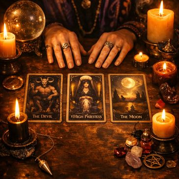 Hands over tarot cards The Devil, High Priestess, and The Moon surrounded by candles.