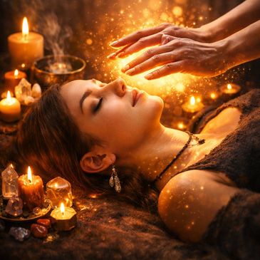A woman receiving a glowing energy healing surrounded by candles.