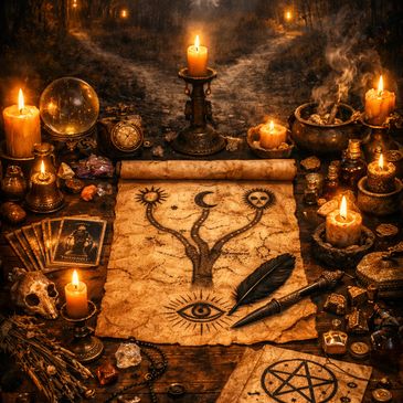 A mystical altar with candles, a crystal ball, tarot cards, and occult symbols.