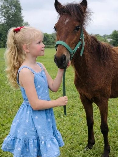 Young girl with horse, anxiety therapy in green pasture, animal assisted mental health therapy