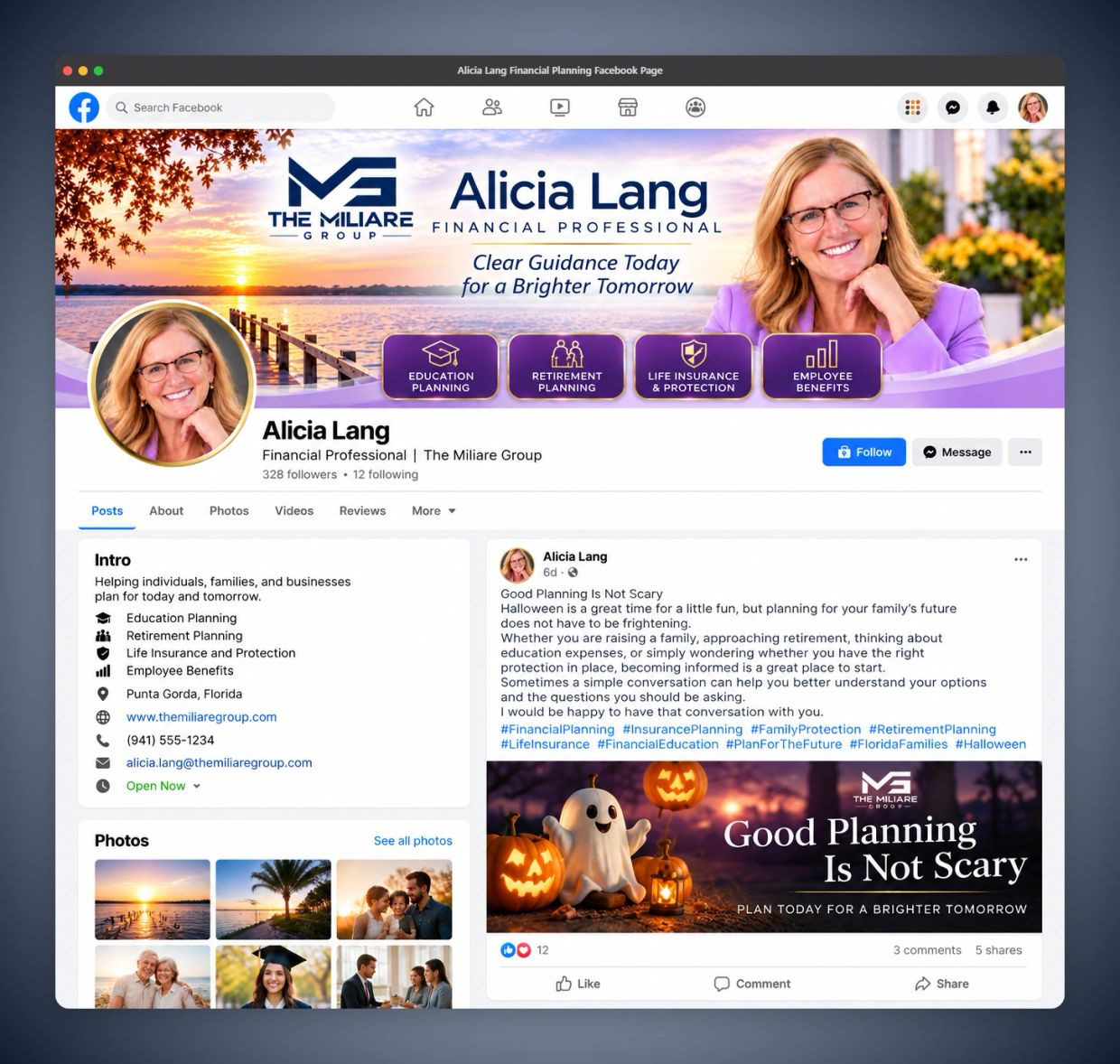 Facebook business page designed for Alicia Lang, Financial Professional with The Miliare Group in Pu