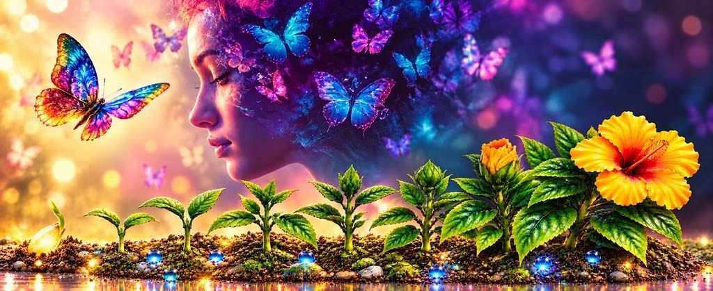 Butterflies surround a woman above seedlings growing into yellow hibiscus flowers and sparkling dew.