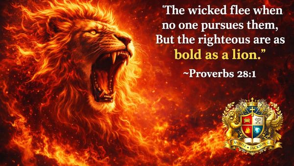 Fiery lion roaring with a Proverbs quote about boldness and righteousness.