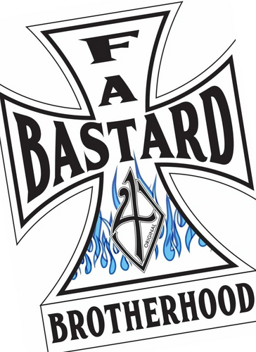 Logo with text 'FAT BASTARD BROTHERHOOD' and blue flames.