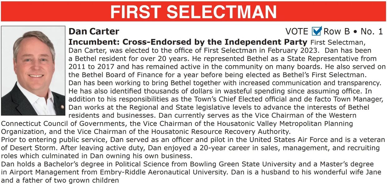 Dan Carter Biography, First Selectmen, Bethel CT