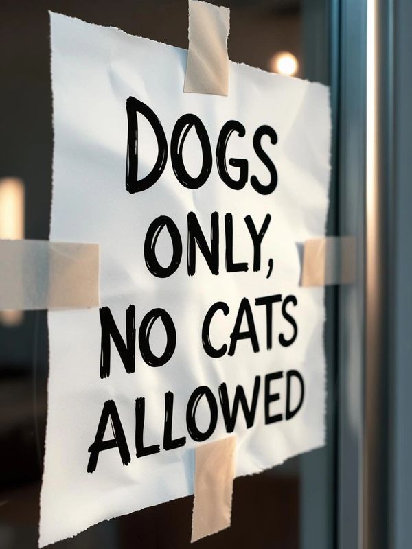 Sign taped to a glass window stating dogs only no cats allowed 