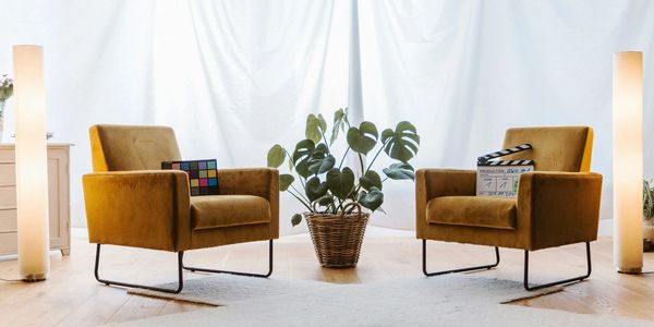 Two mustard armchairs with a plant and soft lighting in a cozy room.