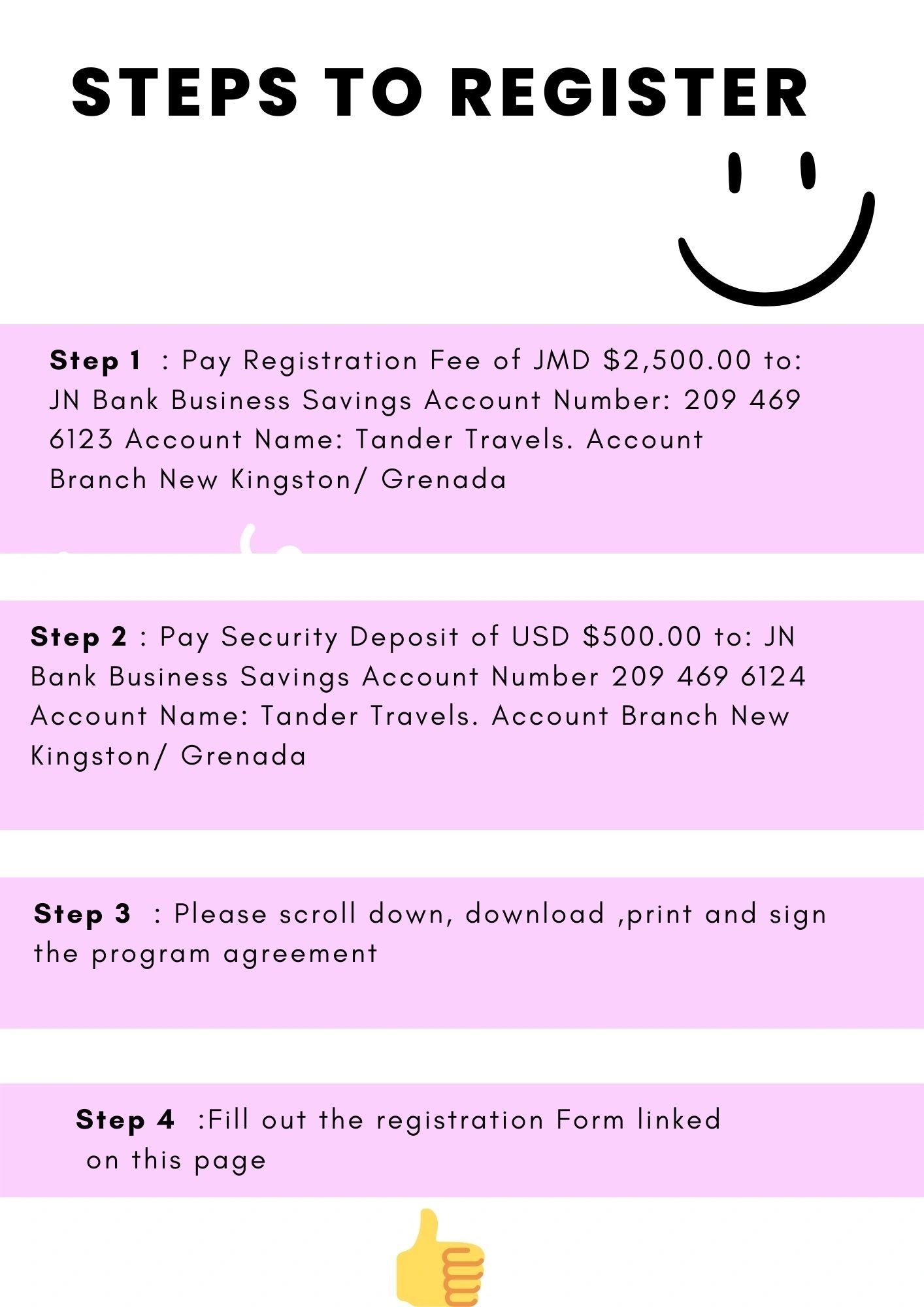 Steps to register with payment and form instructions.