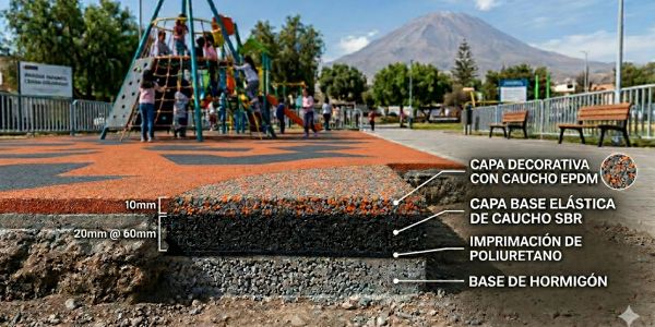 Cross-section of a rubberized playground surface with layered materials and mountain backdrop.