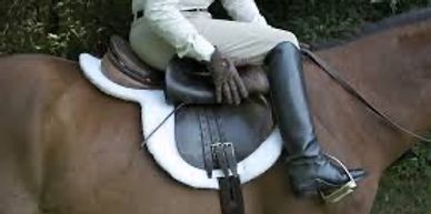 Rider sitting on a horse with equestrian gear and boots.