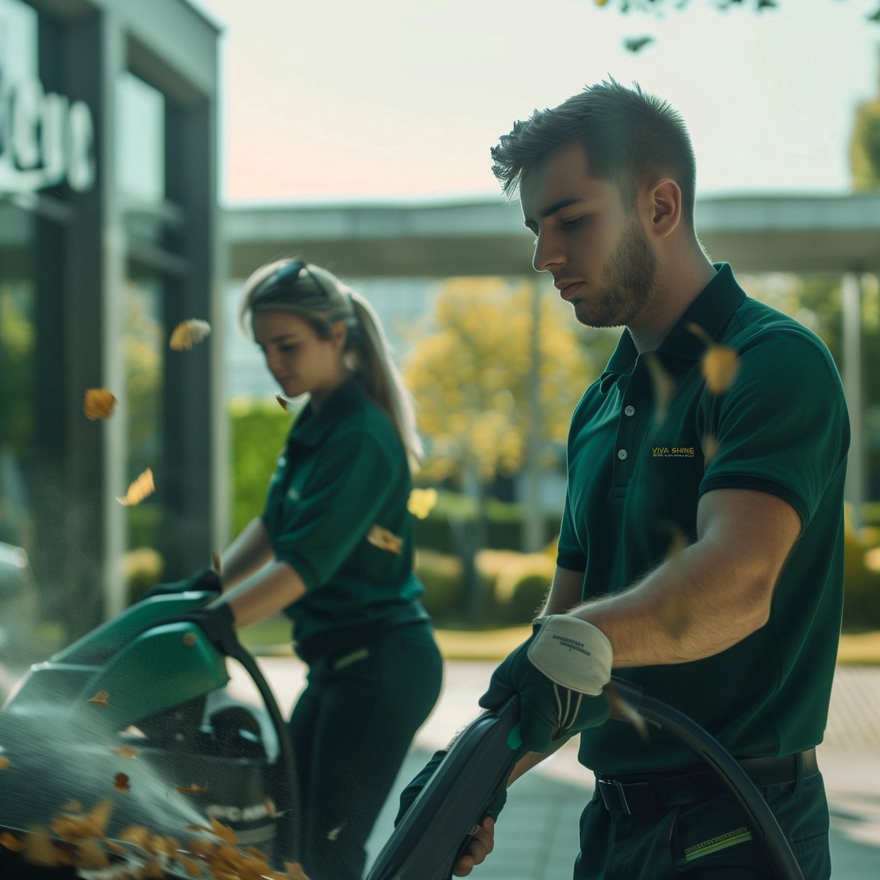 A male and female cleaner working together to perform floor cleaning, using eco-friendly equipment a