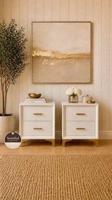 Pair of refinished white nightstands with gold hardware and gold bases by Scottified Furniture in Lakeland, Florida.