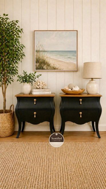Pair of refinished black bombe nightstands with warm wood tops and brass hardware by Scottified Furniture in Lakeland, Florida.