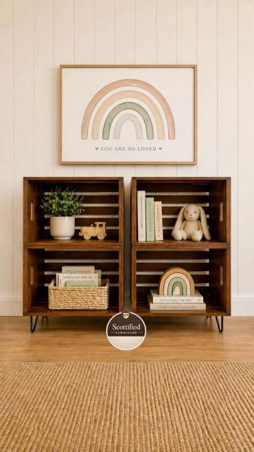 Custom-built wood storage open shelving and black metal legs by Scottified Furniture in Lakeland, Florida.