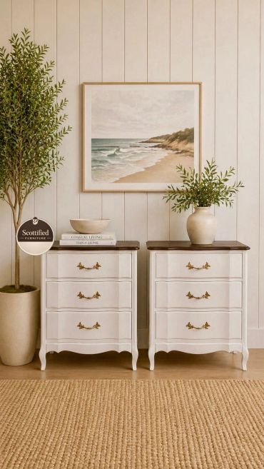 Pair of refinished French Provincial nightstands in coastal white with dark wood tops and vintage brass hardware by Scottified Furniture in Lakeland, Florida.