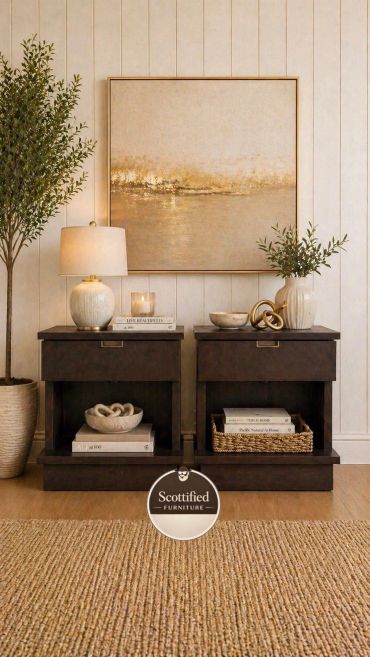 Pair of refinished Klaussner Nikka Cantilever nightstands with dark wood finish, drawers and open shelving by Scottified Furniture in Lakeland, Florida.