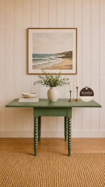 Vintage refinished green drop-leaf table with turned spindle legs by Scottified Furniture in Lakeland, Florida.