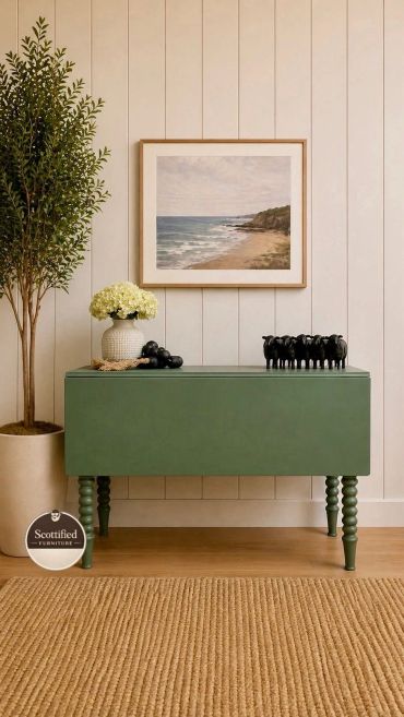 Vintage refinished green drop-leaf table shown with leaves folded down, featuring turned spindle legs by Scottified Furniture in Lakeland, Florida.