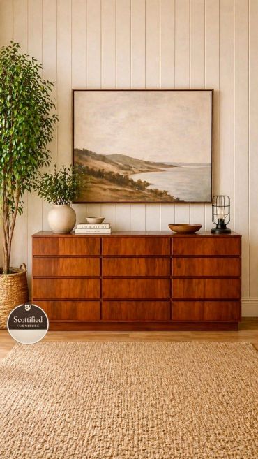 Refinished Komfort mid-century modern 12-drawer dresser by Scottified Furniture in Lakeland, Florida.