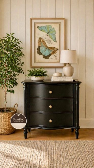 Refinished black three-drawer nightstand with gold hardware by Scottified Furniture in Lakeland, Florida.
