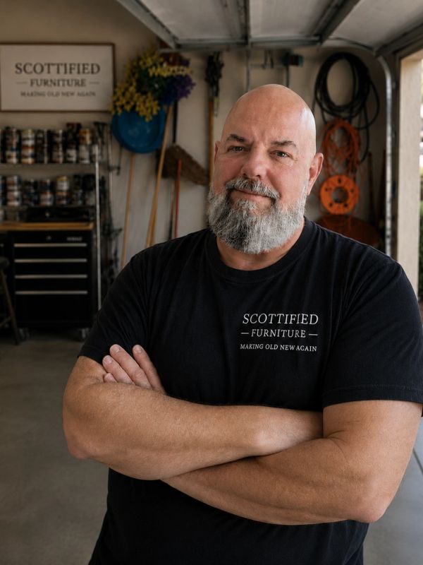 Scott of Scottified Furniture in his furniture refinishing workshop in Lakeland, Florida.