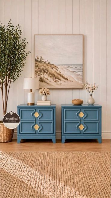 Pair of coastal blue refinished nightstands with decorative gold hardware by Scottified Furniture in Lakeland, Florida.