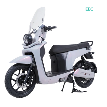 An electric scooter with big wheels and windshield