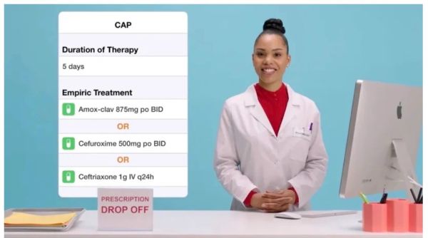 Pharmacist presenting antibiotic treatment options for CAP with prescription drop-off sign.