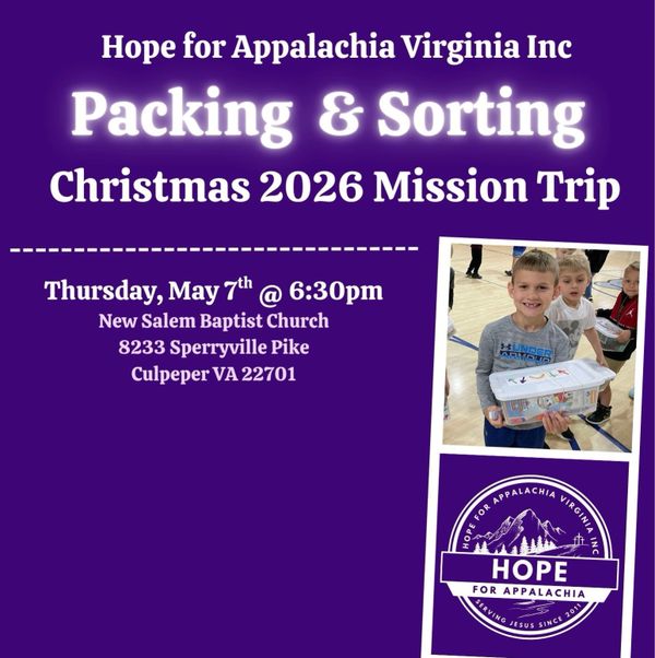 Event flyer for Hope for Appalachia packing and sorting mission trip in May 2026.
