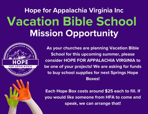 Announcement for Vacation Bible School mission opportunity by Hope for Appalachia Virginia.