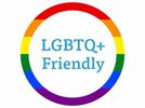 Circle with rainbow colors and LGBTQ+ Friendly text.