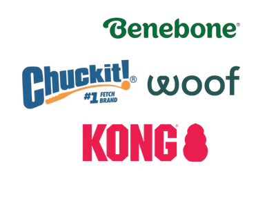 Collection of four pet toy brand logos.