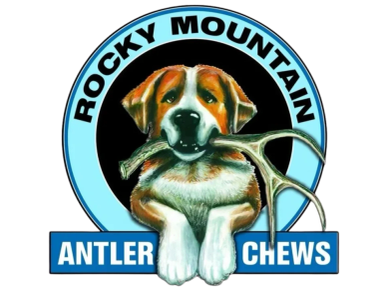 Logo of Rocky Mountain Antler Chews featuring a dog holding an antler.